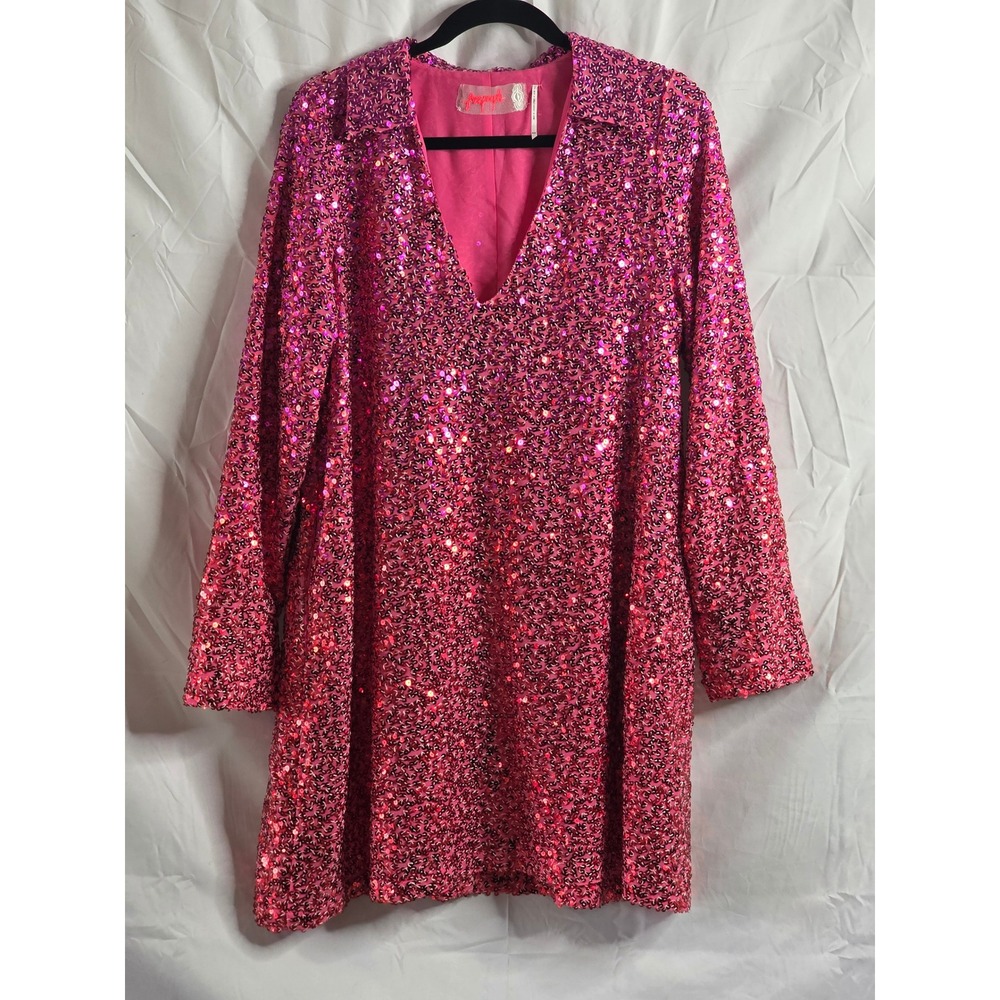 Free People Pink Sequin V-Neck Long Sleeve Mini Dress OB1054366 Medium